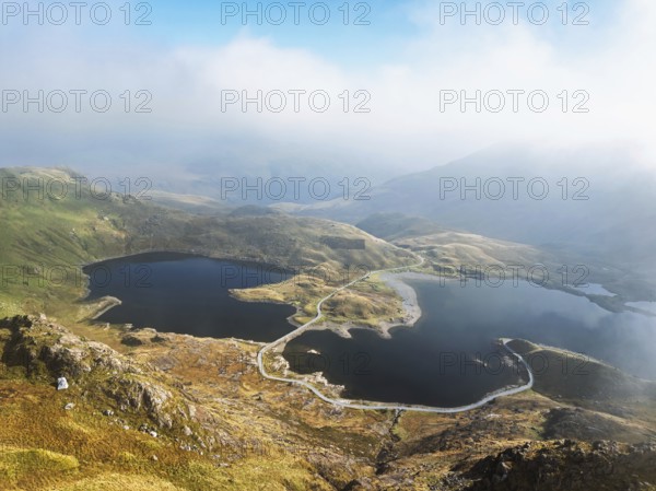 Pyg Track over Llyn Llydaw lake from a drone, Pen-y-Pass, mountain pass, Snowdonia, Gwynedd, north-west Wales, UK