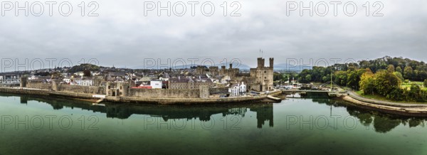 Caernarfon Castle from a drone, Caernarfon, Gwynedd, North-West Wales, UK
