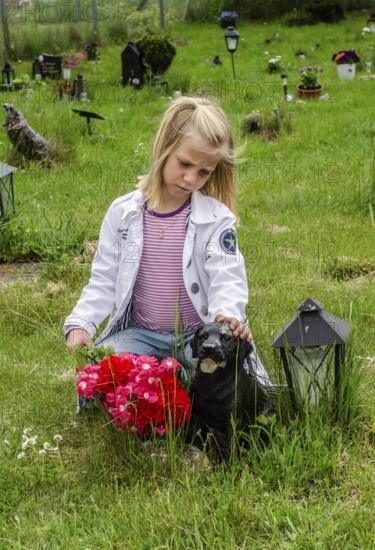 Grieving blonde 7-year-old girl at her dog's grave at pet cemetery in Ystad, Skåne County, Sweden, Scandinavia
