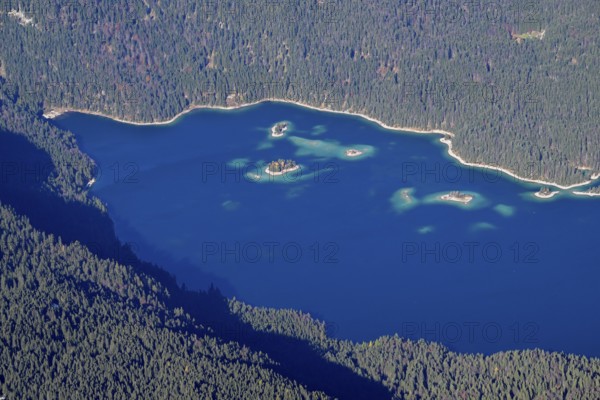 View of Lake Eibsee lake from the mountain station of the Zugspitz cable car (2962 m), Grainau municipality, Garmisch-Partenkirchen district, Bavaria, Germany