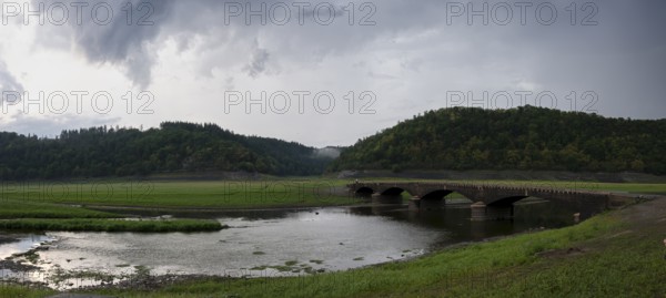 View of Old Bridge Asel, Edersee without water, Hesse, Germany