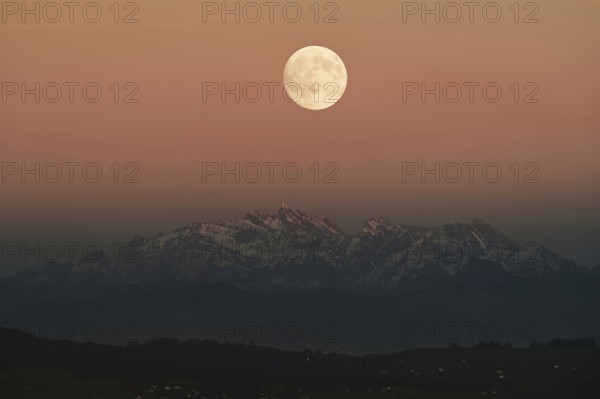 View from Horben of the Alpstein Mountains with the Säntis, in the light of the full moon, Beinwil-Freiamt, Canton, Aargau, Switzerland