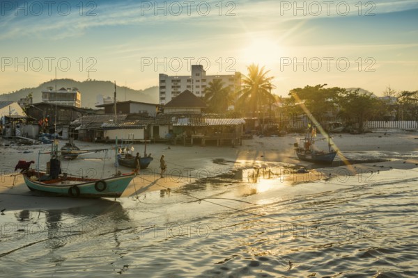 Colorful fishing boats on beach, sunset, Hua Hin, Prachuap Khiri Khan, Central Thailand, Thailand
