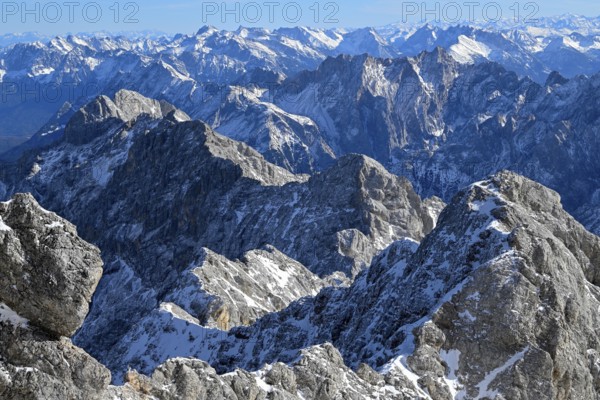 View of the Wetterstein Mountains from the mountain station of the Zugspitz cable car (2962 m), Grainau municipality, Garmisch-Partenkirchen district, Bavaria, Germany