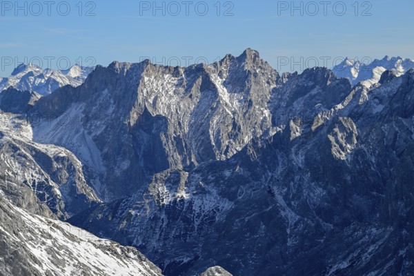 View of the Wetterstein Mountains from the mountain station of the Zugspitz cable car (2962 m), Grainau municipality, Garmisch-Partenkirchen district, Bavaria, Germany