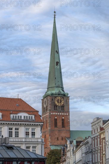 Tower of St Jacobi Church, consecrated in 1334 as the Church of Seafarers and Fishermen, Hanseatic City of Lübeck, Schleswig-Holstein, Germany