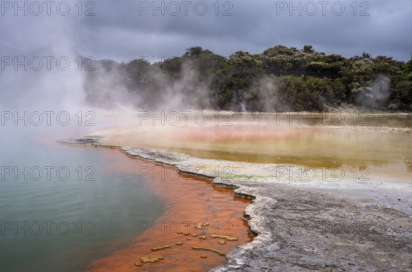 The champagne pool in the Waiotapu geothermal area (Wai-O-Tapu) . orange and yellow. Waiotapu, Waikato, North Island, New Zealand