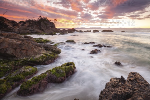 Sunset at Fisherman's Lookout. Dramatic waves and coastal scenery at The Pass, New South Wales, Australia