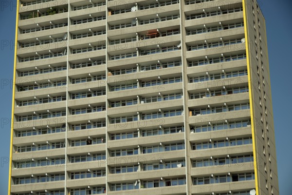 High-rise apartment building with balconies and satellite dishes, satellite town of Chorweiler in Cologne, North Rhine-Westphalia, Germany