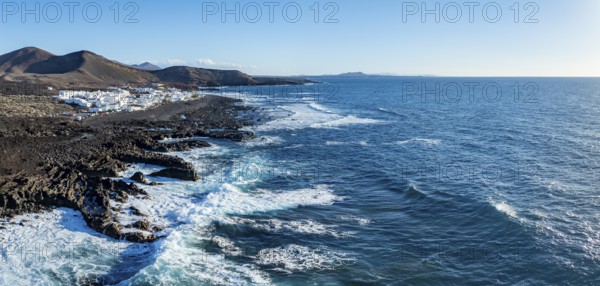 Coastal village fishing village El Golfo, volcanic landscape, coastal landscape, aerial view, Lanzarote, Canary Islands, Spain