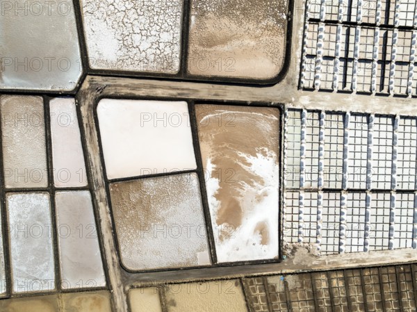 Salt mining plant, Salinas de Janubio, top-down, near Yaiza, drone shot, Lanzarote, Canary Islands, Spain
