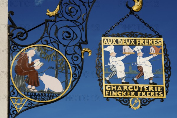 Nose sign of a butcher shop, old town, Colmar, Alsace, France