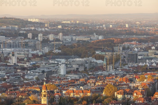 View of the city center in warm sunset light from Santiago de Chile Platz Stuttgart, Germany