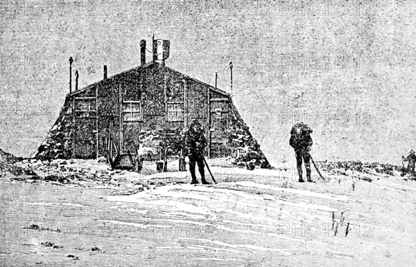 Observatory on Mont Blanc (4805 m), French High Alps, three people, observing, space, climate, travel picture, historical illustration around 1900