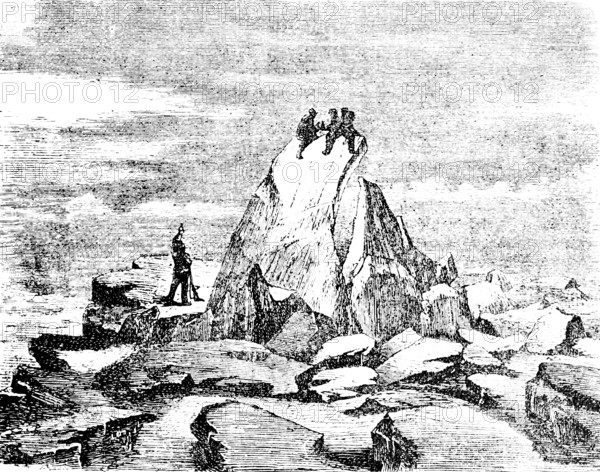 Ice block on an ice field in the Arctic Ocean, ice landscape, floating ice blocks people, danger, cold climate, climate change, travel picture, historical illustration around 1900