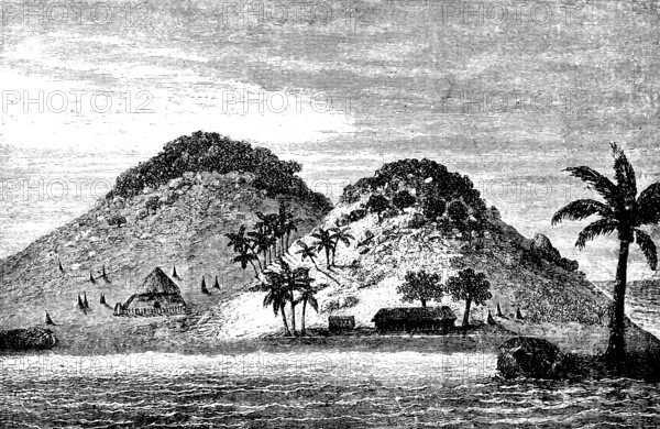 Lonely volcanic island in New Guinea, Papua, Pacific Ocean, straw huts, coconut trees, stratovolcanoes, stratovolcanoes, nature, vegetation, travel picture, historical illustration around 1900