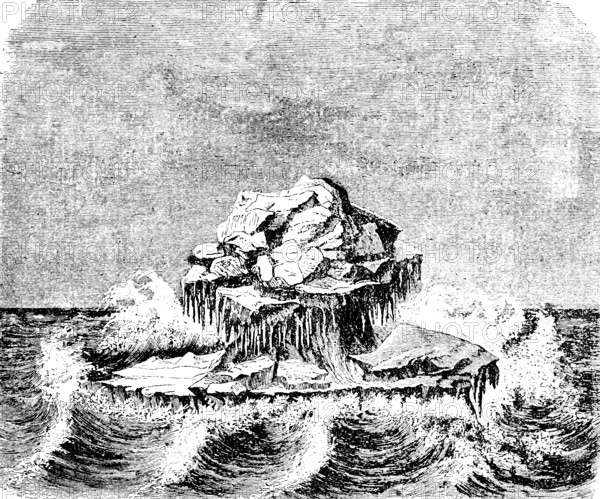Floating iceberg in the Arctic Ocean, high waves, open sea, cold climate, icicles, melting, shipping hazard, travel picture, historical illustration around 1900