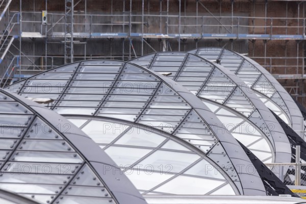 Stuttgart Central Station. Stuttgart 21 construction site. The new transit station is being built here. Light eyes on the roof of the new train station. Bonatz building. Stuttgart, Baden-Württemberg, Germany