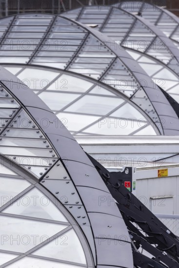 Stuttgart Central Station. Stuttgart 21 construction site. The new transit station is being built here. Light eyes on the roof of the new train station. Bonatz building. Stuttgart, Baden-Württemberg, Germany