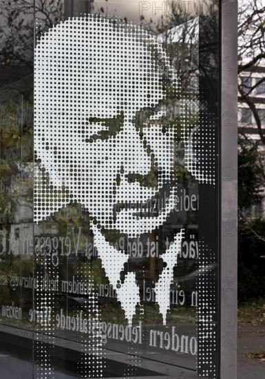 Graphically gridded portrait of Federal President Theodor Heuss on the glass panel at the Heussallee and Museumsmeile subway exit, Bonn, North Rhine-Westphalia, Germany
