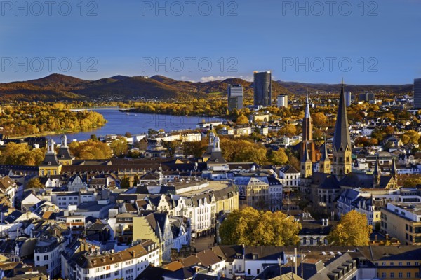Autumn panoramic view from the town house of Bonn Minster, the Post Tower, the Rhine and the Siebengebirge, Bonn, North Rhine-Westphalia, Germany
