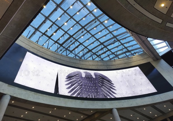 Entrance area in the House of History with the projection of the Federal Eagle, Bonn, North Rhine-Westphalia, Germany