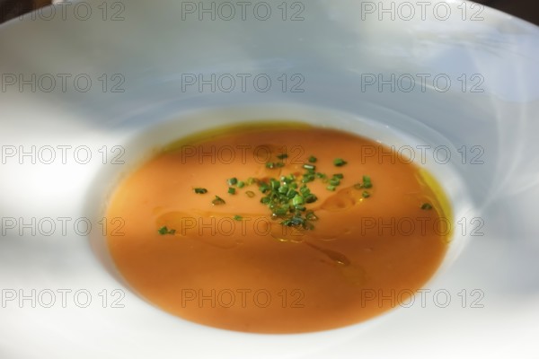 Gazpacho, gaspacho, cold vegetable soup, tomato soup, southern Spanish and Portuguese soup, vegetarian, chives, healthy, food photography, plate, Caro's restaurant, restaurant, Tübingen, Baden-Württemberg, Germany