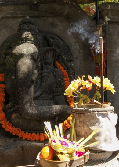 Flowers arranged for beautiful offerings in front of a Ganesha figure, Bali, Indonesia