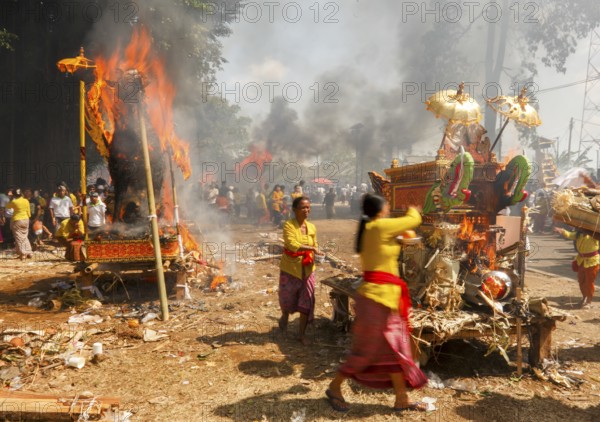 The coffins are incinerated during a corpse cremation (Ngaben) Gianyar, Bali, Indonesia