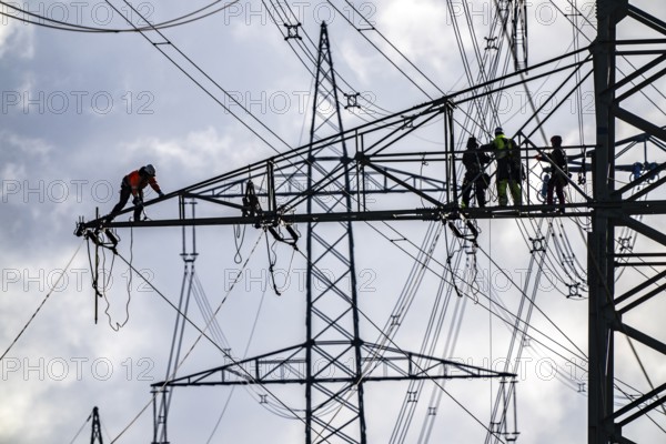 Work on a 380 kV high-voltage overhead line, new construction, along the A57 motorway, near Meerbusch, workers on the boom of the high-voltage pylon, North Rhine-Westphalia, Germany