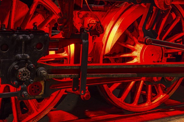 Wheelwork of the historic express locomotive 03 295, built in 1937, railway museum, Augsburg railway park, administrative district of Swabia, Bavaria, Germany