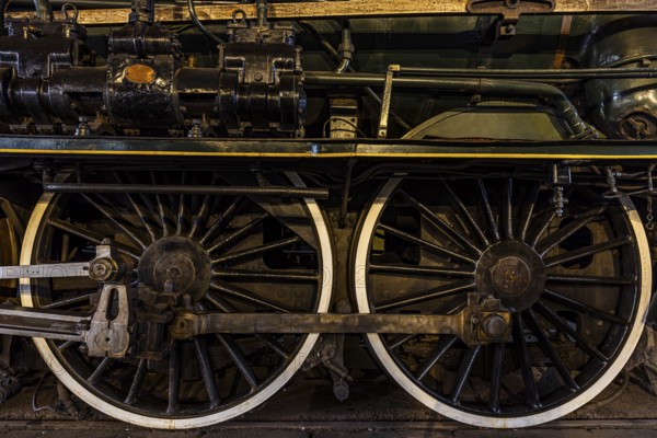 Wheelwork of the legendary French locomotive La France, operating number 231.K 22, railway museum, Augsburg railway park, administrative district of Swabia, Bavaria, Germany