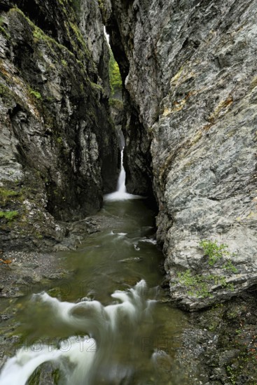 Small waterfall, Diosaz mountain river in the gorge, Gorges de la Diosaz, Les Houches, Chamonix-Mont-Blanc, Haute-Savoie, France