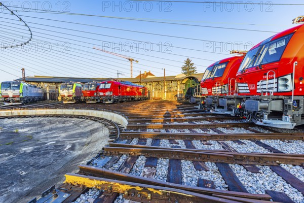 Modern locomotives of the Austrian Federal Railways, ÖBB, and Deutsche Bahn, DB, parked in front of the old lock shed, Augsburg railway park, administrative district of Swabia, Bavaria, Germany