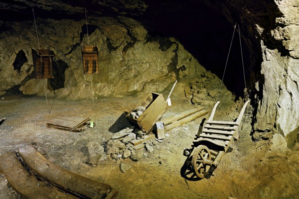 Old tools for salt production on display, salt mine, Bex, Canton of Vaud, Switzerland