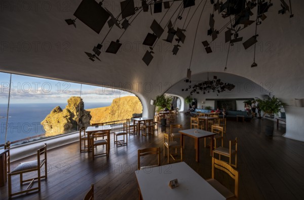 Cafe with panoramic window, interior at the Mirador del Río viewpoint, designed by artist César Manrique, Lanzarote, Canary Islands, Spain