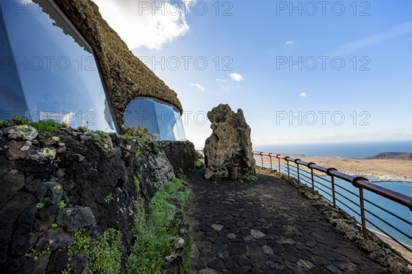 Panoramic window at the Mirador del Río viewpoint, designed by artist César Manrique, Lanzarote, Canary Islands, Spain
