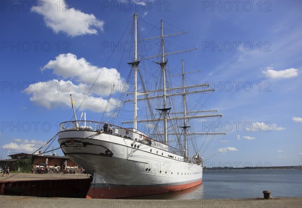 Gorch Fock, a sailing school ship rigged as a bark in the harbor, Stralsund, Vorpommern-Rügen district, Mecklenburg-Western Pomerania, Germany