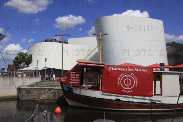 Restaurant, Fishing Trawler Milan, Ozeaneum, Seemuseum Stralsund, Museum of Oceanography and Fisheries, Aquarium and German Maritime Museum, Stralsund, Vorpommern-Rügen district, Mecklenburg-Western Pomerania, Germany