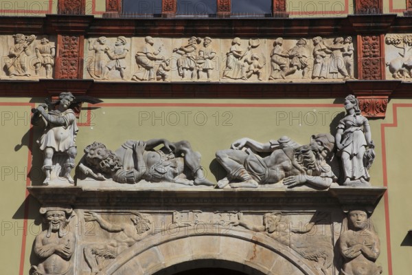 Façade of the Fürstenhof in Wismar, portal design of the passageway, Renaissance monument, district of Northwest Mecklenburg, Mecklenburg-Western Pomerania, Germany