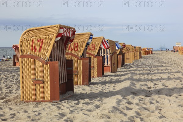 Empty, locked beach chairs on the beach, beach chair, sandy beach, Baltic Sea, Poel island, Nordwestmecklenburg district, Mecklenburg-Western Pomerania, Germany