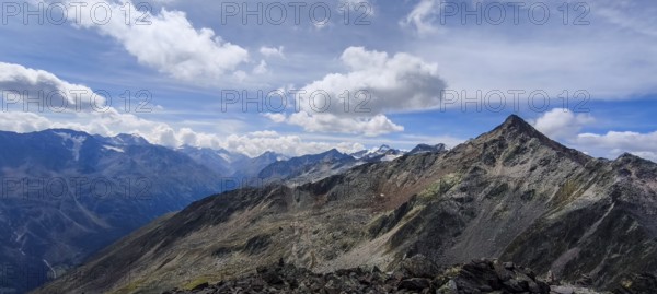 Scenic view from Gaislachkogel over the Ötztal Alps and down into the Ötztal near Sölden, Tyrol, Austria