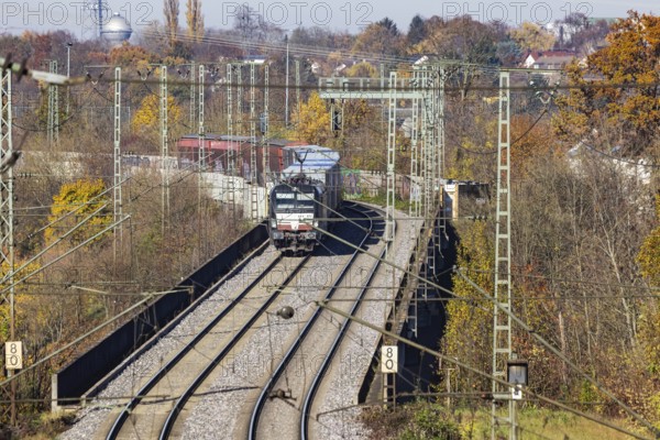 Freight train on the so-called Schusterbahn, a bypass of Stuttgart Central Station. Stuttgart, Baden-Württemberg, Germany