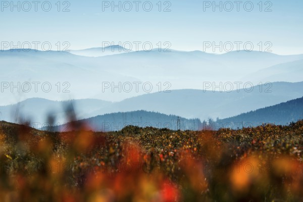 Staggered mountain ranges in haze, at Hohneck, Col de la Schlucht, Vosges, Alsace-Lorraine, Vosges Haut-Rhin Department, France