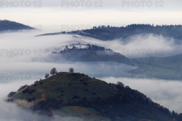 Inversion weather, fog, dawn, autumn, view from Breitenstein to Limburg, Ochsenwang, Swabian Jura, Baden-Württemberg, Germany