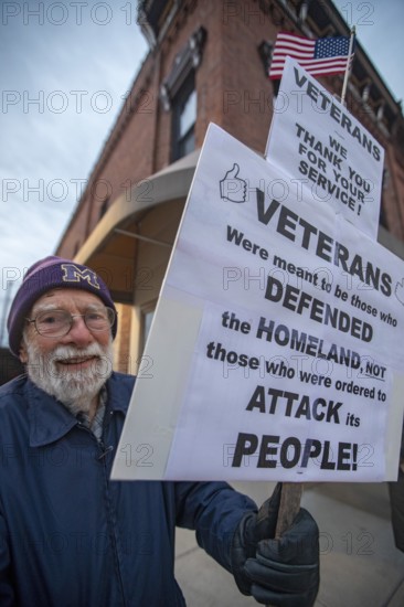 Milan, Michigan USA - 11 November 2025 - On Veterans Day, veterans held rallies across the country to oppose ICE, military occupation of cities, and Trump Administration cuts that hurt poor and working people. The Milan rally was in a small city in rural Michigan