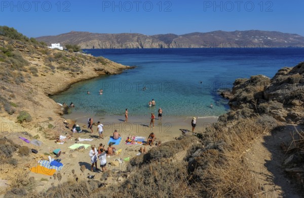 Agios Sostis, Mykonos, Cyclades, Greece - Agios Sostis, small town with the famous restaurant Kikis Tavern, here the small bay LOVERS BEACH directly below the restaurant, sandy beach in the north of the island