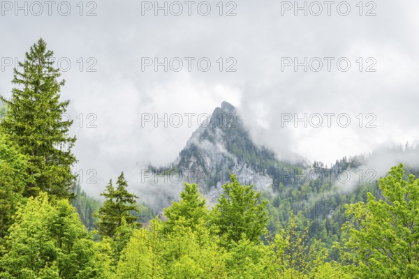 View into the mountains next to Lake Offensee on a rainy day in spring, Salzkammergut, Austria, Europe, Salzkammergut, Austria, Europe