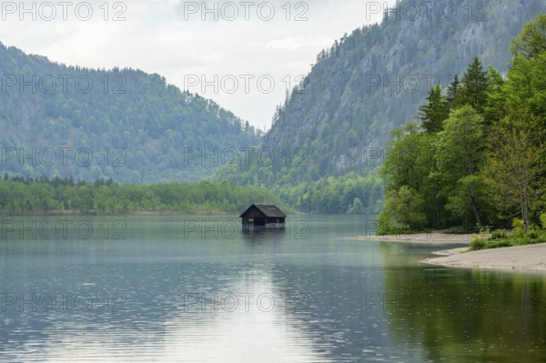 Fishing hut in lake Almsee, Grünau, Almtal, Salzkammergut, Upper Austria, Austria