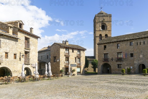 Church tower and town hall, historic buildings medieval village of Ainsa, Aínsa-Sobrarbe, Huesca province, Aragon, Spain